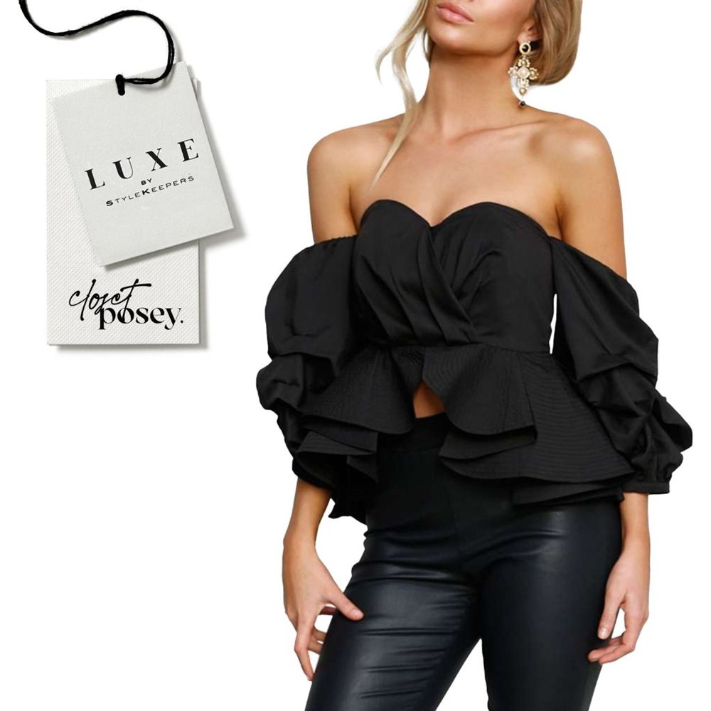 NWT . luxe by stylekeepers . ruffle blouse . black . medium